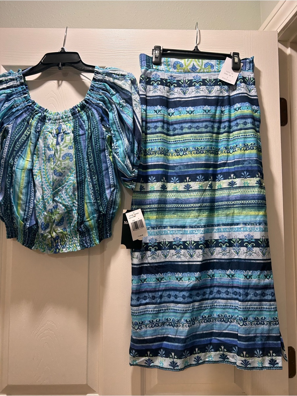 Maison Tara Blue, Green & White Striped Midi Skirt